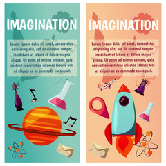 Vector banners. Imagination and exploration. Science and research. Rocket launch. Discovery new world, start new business