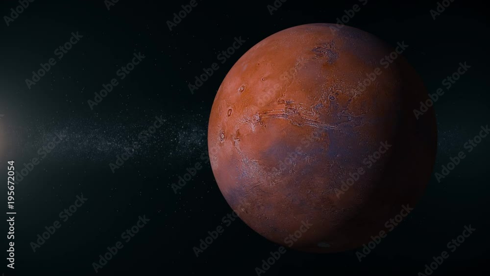 Poster a view of the red planet mars rotating in deep space. looping. off set right with sunlight on left o