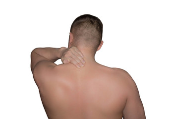 neck pain. man holding his hand neck on white isolated background