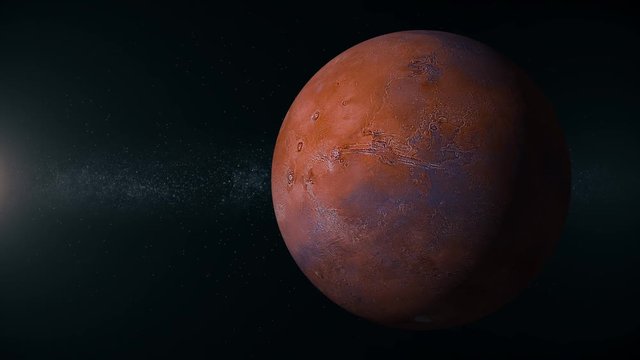A view of the red planet Mars rotating in deep space. Looping. Off set right with sunlight on left of screen.  	