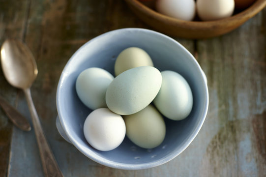 Fresh eggs in blue colander on rustic wooden tabletop