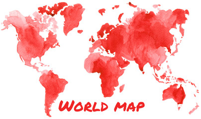 Watercolor illustration of world global map painted in red ink