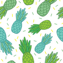 Vector blue green pineapples doodle texture summer tropical seamless pattern background. Great as a textile print, party invitation or packaging.