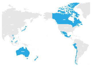 Map of Comprehensive and Progressive Agreement for Trans-Pacific Partnership, CPTPP or TPP11. Blue highlighted member states. Vector illustration.