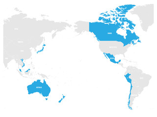 Fototapeta premium Map of Comprehensive and Progressive Agreement for Trans-Pacific Partnership, CPTPP or TPP11. Blue highlighted member states. Vector illustration.