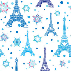 Fototapeta na wymiar Vector Blue White Eifel Tower Paris and Snowflakes Seamless Repeat Pattern. Perfect for holiday travel themed postcards, greeting cards, Christmass greeting cards.