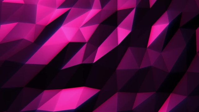  Abstract pink cg polygonal crystal surface. Geometric poly violet triangles motion black background.