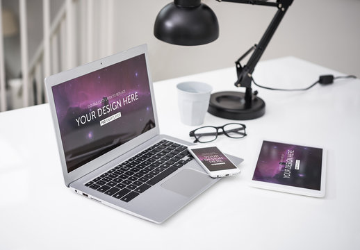 Laptop, Smartphone, and Tablet on Office Desk Mockup 1