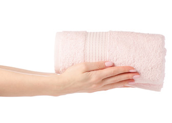 The pink towel roll in hand