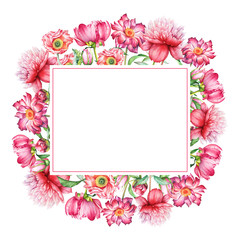 Watercolor floral design, pink and red flowers with green leaves with empty space for text isolated on white background. Useful for greeting, wedding, Valentine's day cards, scrapbook design element.
