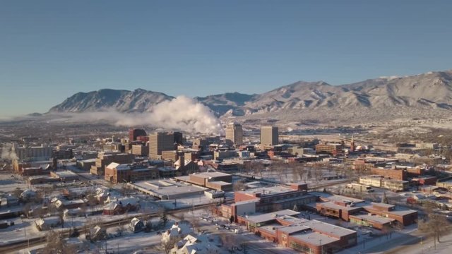 An aerial view of Downtown Colorado Springs during the winter.