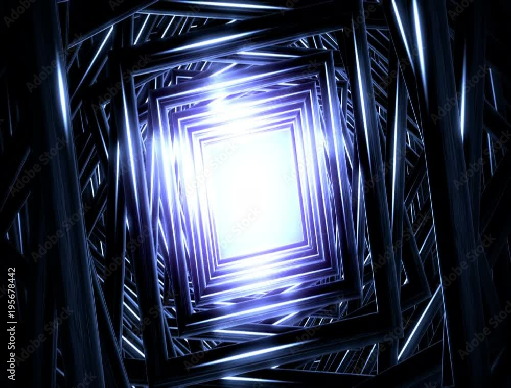 Poster 4k abstract technology tunnel. black metal concstruciton sharp corners with reflections the camera r