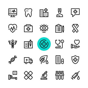Healthcare, medicine line icons set. Modern graphic design concepts, simple outline elements collection. 32x32 px. Pixel perfect. Vector line icons