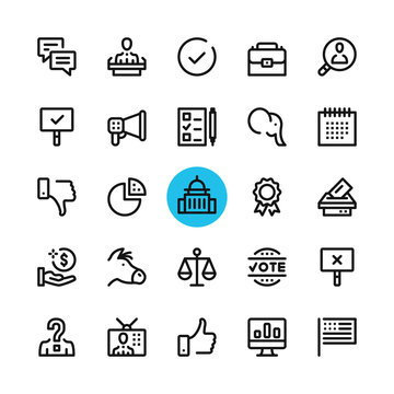 Politics, elections line icons set. Modern graphic design concepts, simple outline elements collection. 32x32 px. Pixel perfect. Vector line icons
