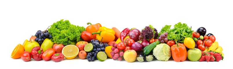 Foto auf Acrylglas Frisches Gemüse Panorama helles Gemüse und Obst isoliert auf weiß