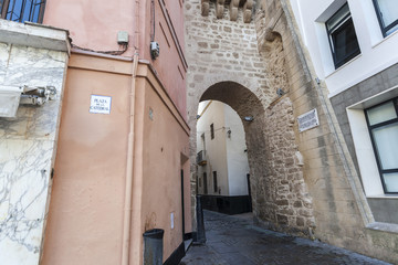 Fototapeta na wymiar Old medieval wall, Arch, Arco de la Rosa, close to cathedral, Cadiz, Andalucia.Spain.