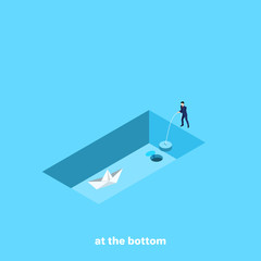 a man in a business suit holds a cork from an empty pool in which there is a paper boat, an isometric image