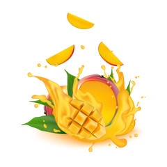 Juice milk yogurt mango cubes splashing. Juicy mango splash packaging template. Falling slices.