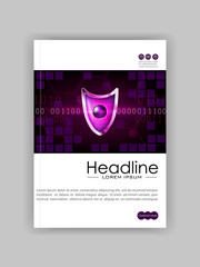 A4 Business Technology Book Cover Design Template. Purple atom shield. Good for Portfolio,  Annual Report, Magazine. Vector