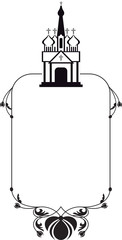 Black and white floral frame with abstract christian temple. 
