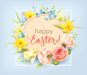 Easter background with round label and floral frame. Vector illustration.