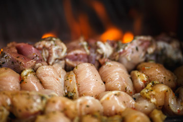 hot flavorful meat barbecue, shashlik, kebab, skewer on the grill