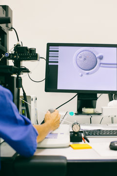In Vitro Fertilization - Female Lab Technician Working on Female Egg With High Tech Equipment