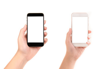 Woman hand holding black and smart smartphone on white background.