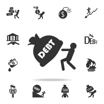 man dragging debt burden icon. Detailed set of finance, banking and profit element icons. Premium quality graphic design. One of the collection icons for websites, web design