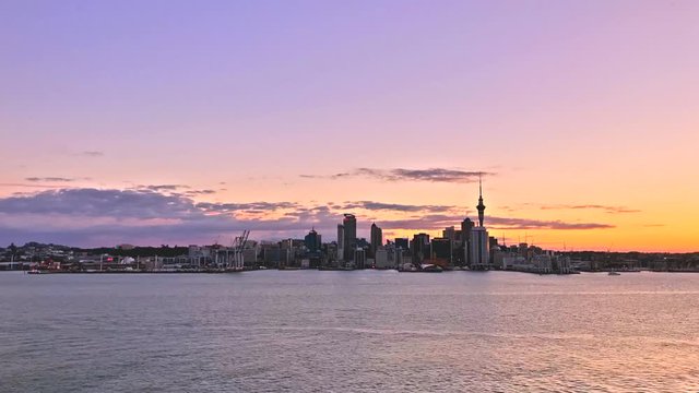 Timelapse scene of the building in Auckland, New Zealand while sunset. Cyril Bassett VC Lookout.