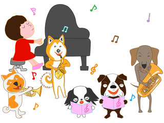 犬のコンサート。子供と犬が歌ったり、楽器を演奏している。