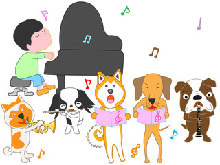 Obraz na płótnie Canvas 犬のコンサート。子供と犬が歌ったり、楽器を演奏している。