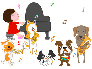 犬のコンサート。子供と犬が歌ったり、楽器を演奏している。