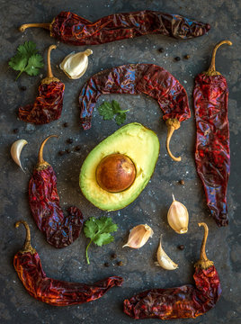 avocado, peppers, garlic and cilantro