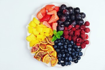 Fruits and berries plate isolated. Fruits plate on the white background. Top view fruits