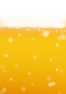 Beer background with realistic bubbles. Cool liquid drink for pub and bar menu design, banners and flyers. Yellow vertical beer background with white frothy foam. Cold glass of ale for brewery design.