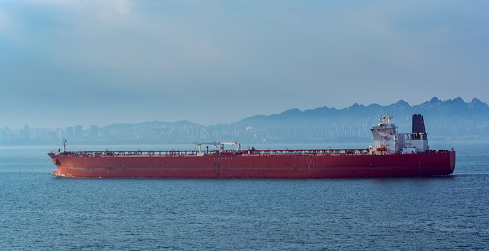 Crude oil tanker in front of Qingdao coastline.
