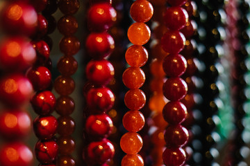 Array of colorful beads. Selective focus. Landscape orientation.