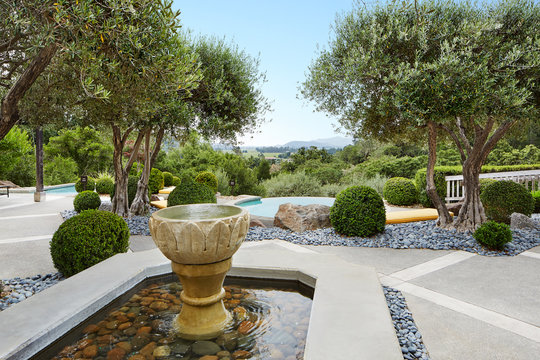 Fountain and pools at luxury resort