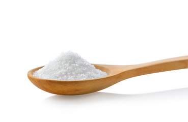 Fototapeta na wymiar sugar in wood spoon on white background