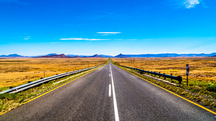 Fototapeta na wymiar Long Straight Road through the Endless wide open landscape of the semi desert Karoo Region in Free State and Eastern Cape provinces in South Africa under blue sky