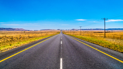 Fototapeta na wymiar Long Straight Road through the Endless wide open landscape of the semi desert Karoo Region in Free State and Eastern Cape provinces in South Africa under blue sky