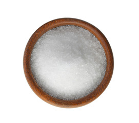 sugar in wood bowl on white background