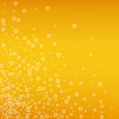 Beer background with realistic bubbles. Cool liquid drink for pub and bar menu design, banners and flyers. Yellow square beer background with white frothy foam. Fresh cup of lager for brewery design.