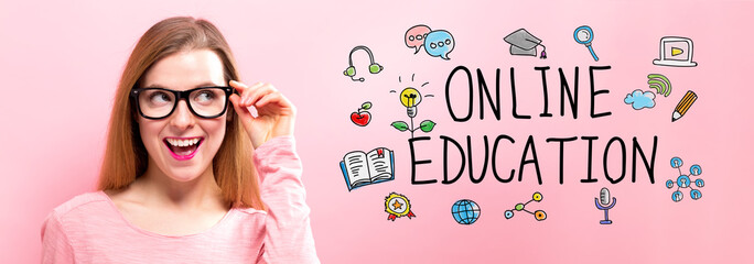 Online Education with happy young woman holding her glasses