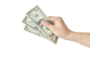 Male hand holding dollar white background