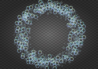 Shampoo bubbles on gradient background. Realistic water bubbles 3d. Cool liquid foam with shampoo bubbles. Horizontal cosmetic flyer and invite. Cleaning soap foam for bath and shower.