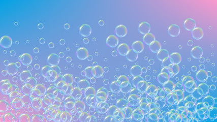 Bath foam on gradient background. Realistic water bubbles 3d. Cool rainbow colored liquid foam with shampoo bubbles. Cosmetic flyer and invite. Bath foam for bathroom and shower. Vector EPS10.