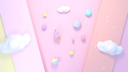 Sweet candy, cupcake and ice cream. 3d rendering picture.