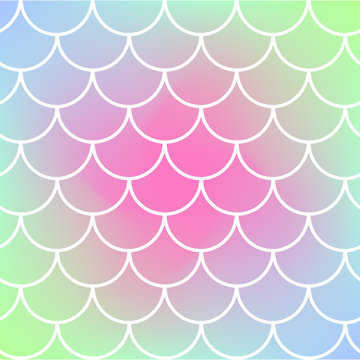 Squama on trendy gradient background. Square backdrop with squama ornament. Bright color transitions. Mermaid tail banner and invitation. Underwater and sea pattern. Rainbow colors.